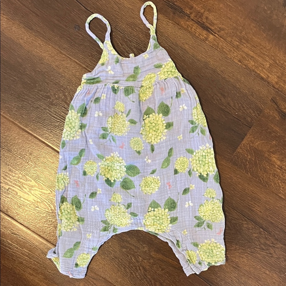 Hydrangea Print Cotton Baby Romper with Yellow and Green Accents